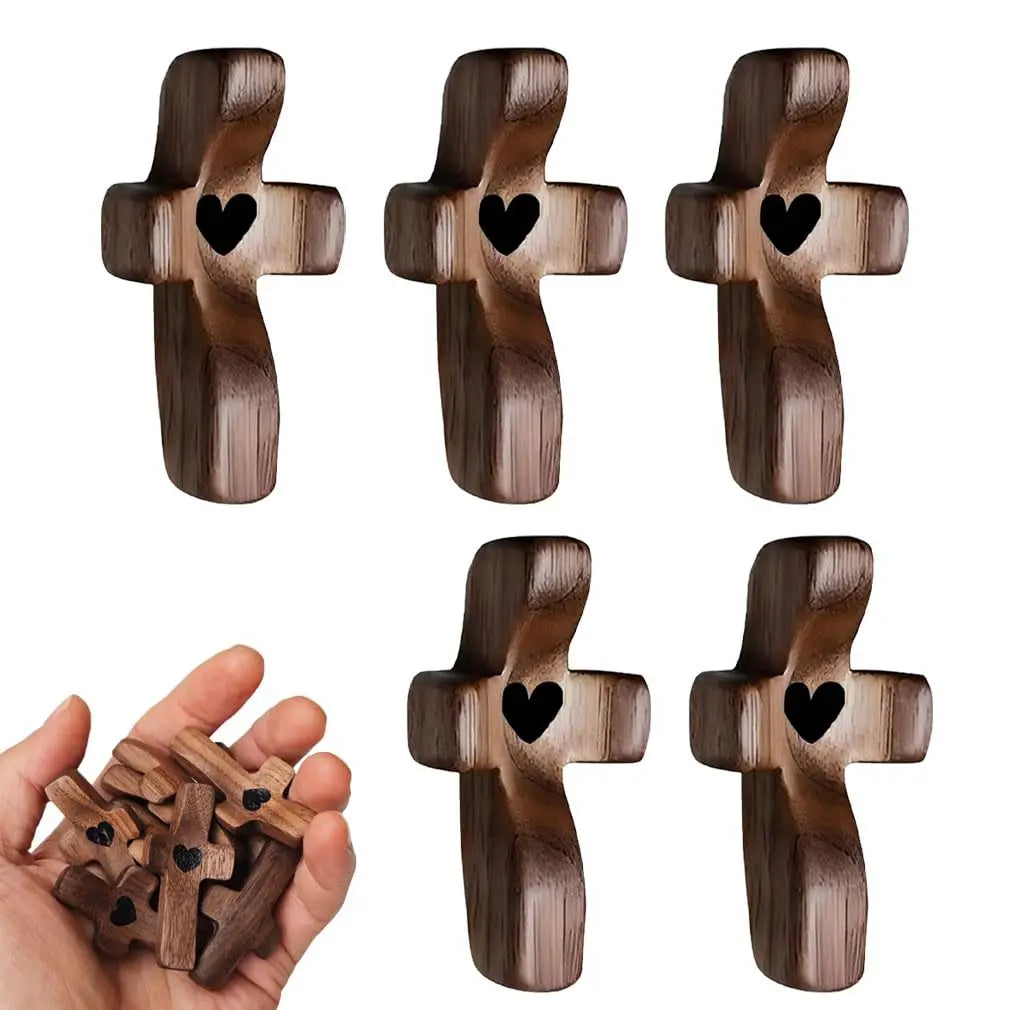 Showlu Wooden Pocket Cross with carved heart design, small fingertip-sized stress relief gift for meditation or relaxation.