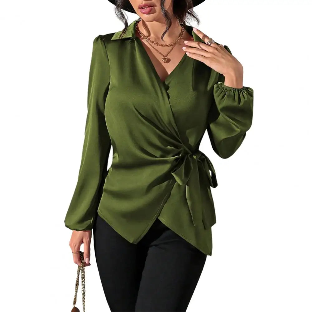 Elegant Showlu Women's long sleeve waist blouse with side lace-up detail, stylish and sophisticated for versatile fashion looks.