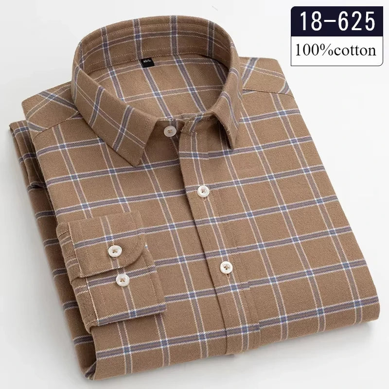Men's slim fit long-sleeve plaid shirt made of soft 100% cotton, featuring brushed fabric for a casual or formal look.