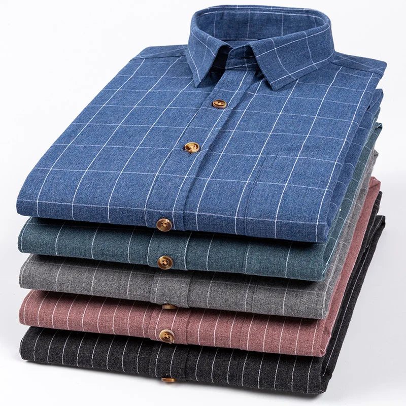 Plus size 7XL men's long sleeve cotton shirt with plaid design, slim fit formal and casual striped office wear by Showlu Fashion Store.
