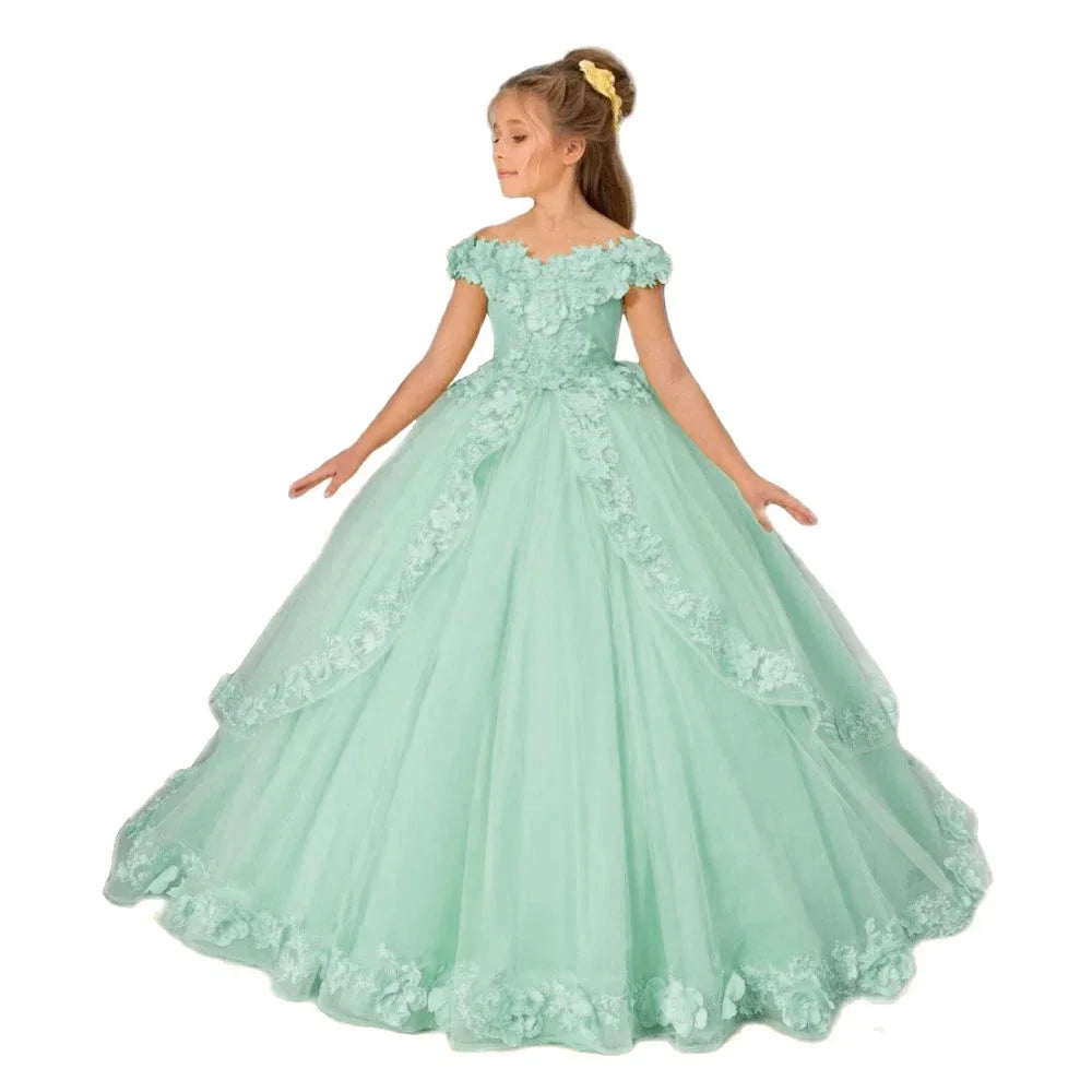 Yellow flower girl dress by Showlu Fashion with beading, appliqué, perfect for pageants, birthdays, first communions, and prom for girls.