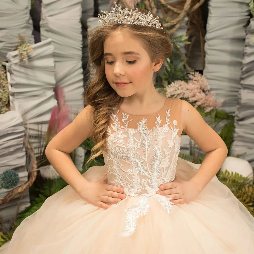 Light champagne flower girl dress by Gdybao featuring tulle tiers and a ball gown style for wedding occasions.