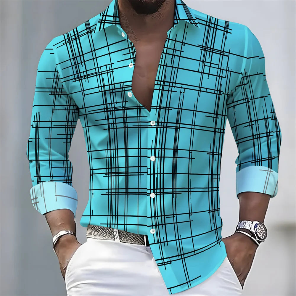 Men's long-sleeved striped shirt in 21 spring/autumn colors, casual loose fit, European-American style by Showlu Fashion.