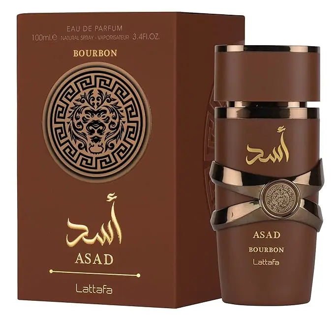 Unisex Lattafa Asad Bourbon Eau De Parfum bottle, 100ml, Arabian fragrance with elegant packaging and sleek design.