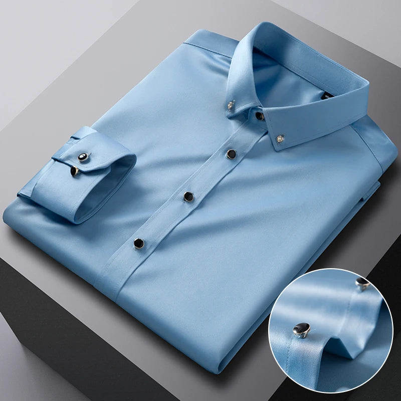 Elegant men's long sleeve silk-feel dress shirt with stretch fabric and diamond buttons, ideal for formal occasions and parties.