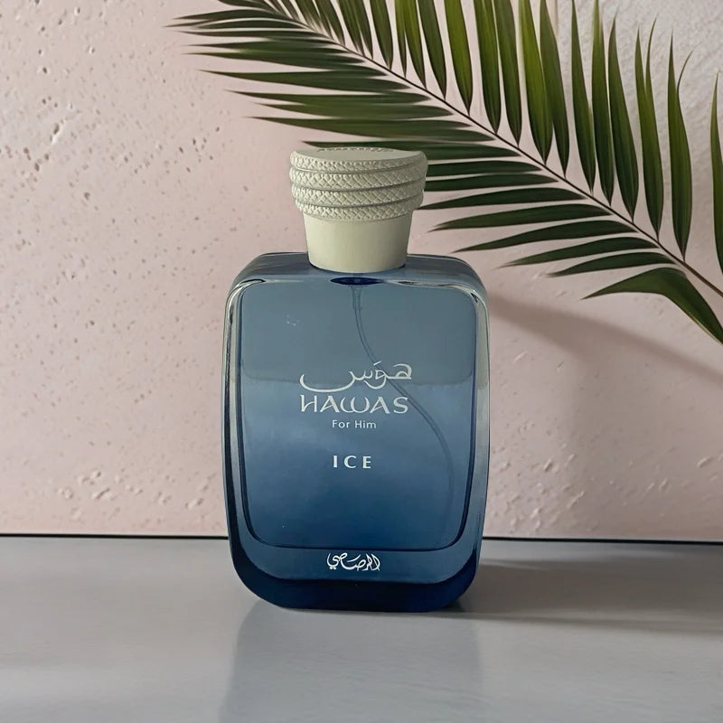 Rasasi Hawas Ice men's Eau De Parfum bottle with sleek design, 100ml size, showcasing the long-lasting fragrance.
