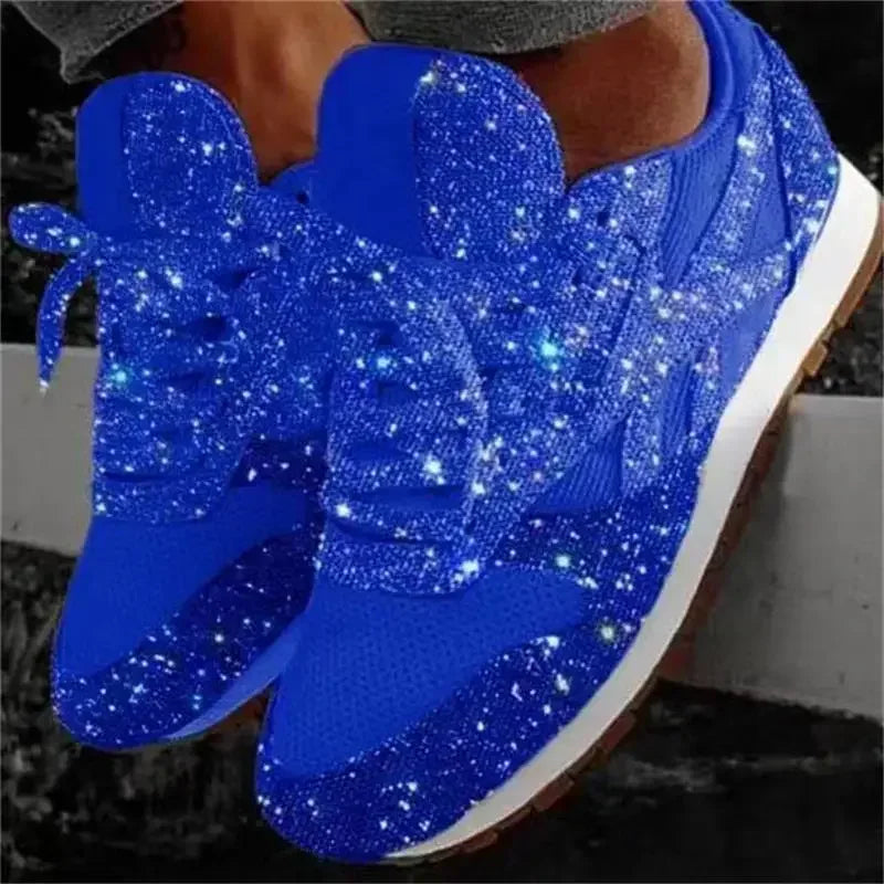 VDEOSMAP women's bling flat sneakers with casual mesh slip-on design, featuring sparkling embellishments and comfortable flat sole