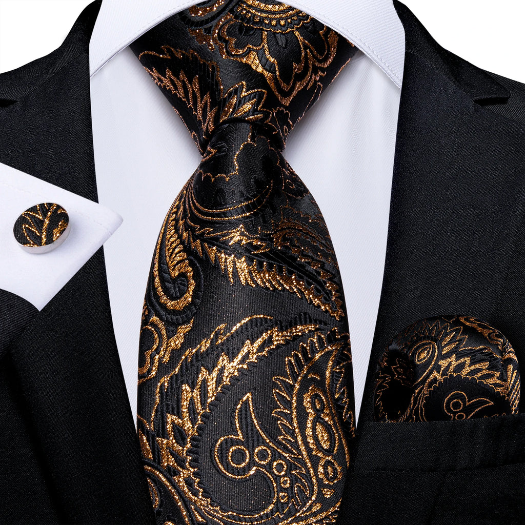 Gift Men Tie Luxury Gold Black Striped Paisley Silk Wedding Tie For Men DiBanGu Designer Hanky Cufflinks Fashion Tie Set
