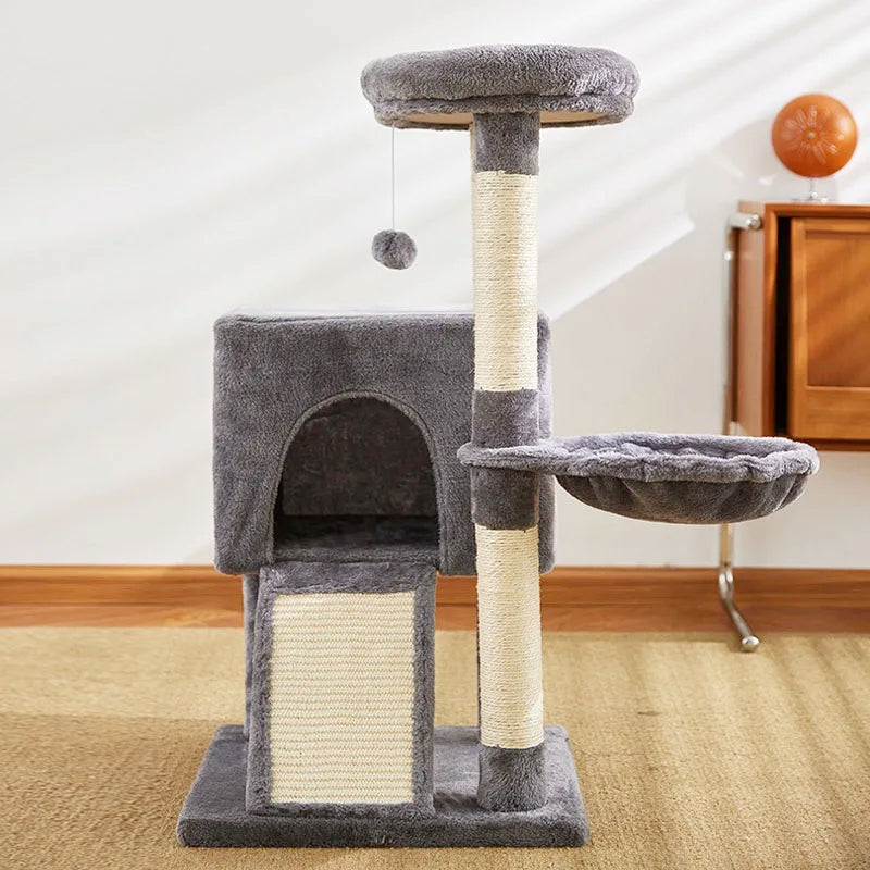 Showlu 3-tier wood cat tree tower with double condos and sisal posts, designed for cats to climb, rest, and scratch.
