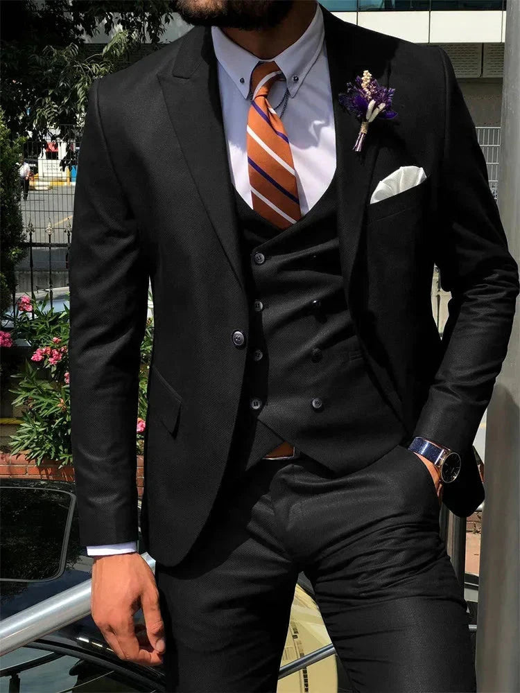 SHOWLU Men's dark blue 3-piece slim fit suit with tuxedo style, perfect for groom or wedding occasions.