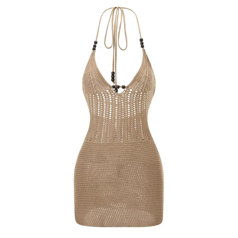 Showlu Fashion Store women's backless halter mini dress with crochet cutout design, perfect for summer beach or streetwear looks.