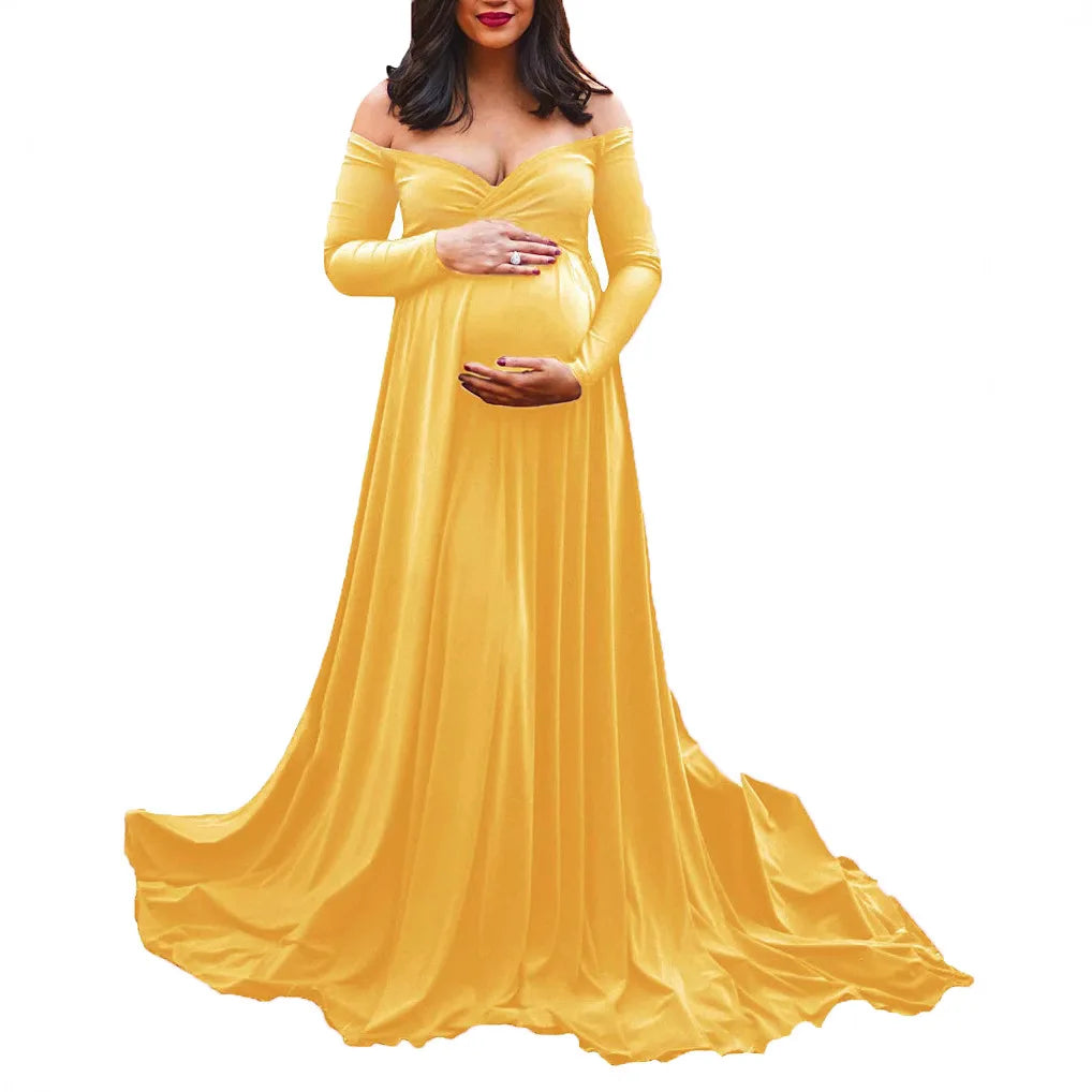 Elegant European and American women's maternity maxi dress with V-neck, silk-cotton blend, train, flared design, perfect for photoshoots.