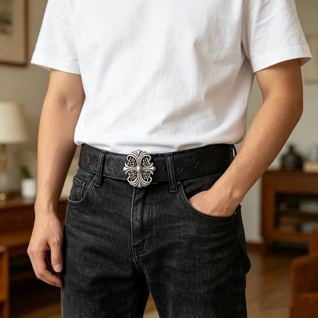 Black retro men's bohemian leather belt with vintage hollow buckle, stylish punk rock Y2K fashion accessory for men and women