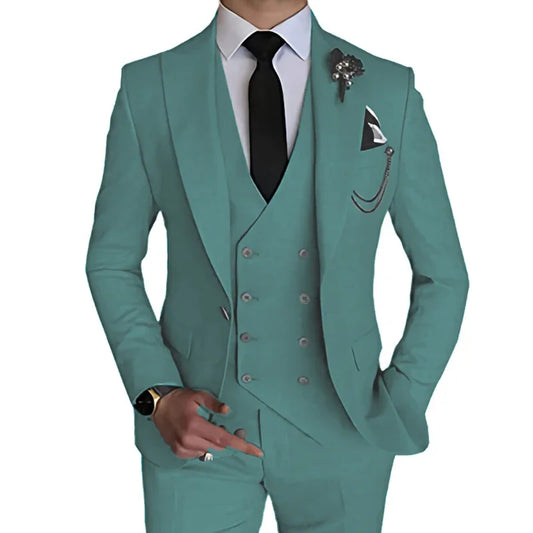 Fashion Men's Suits 3 Pieces Leisure Boutique Single Buckle Slim Fit Dress Wedding Suit Set (Blazers+Vest+Pants)