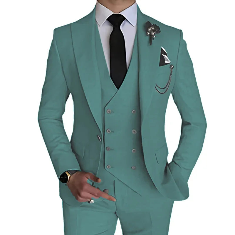 Men's 3-piece slim fit wedding suit by SHOWLU FASHION, featuring a single-breasted jacket, vest, and trousers in classic style.