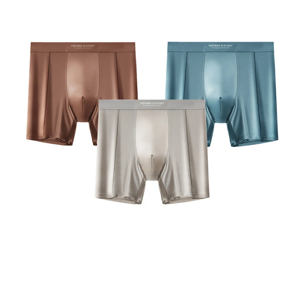 Luxury satin-like men's boxers in cool ice silk, antibacterial, breathable, quick-dry, high elastic underwear with long length.