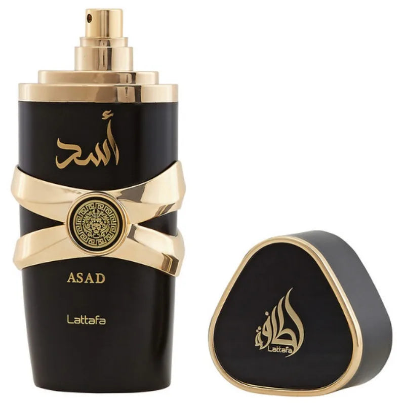 Lattafa Asad Eau de Parfum for Men, 100ml, featuring a long-lasting oriental scent and sleek bottle design.