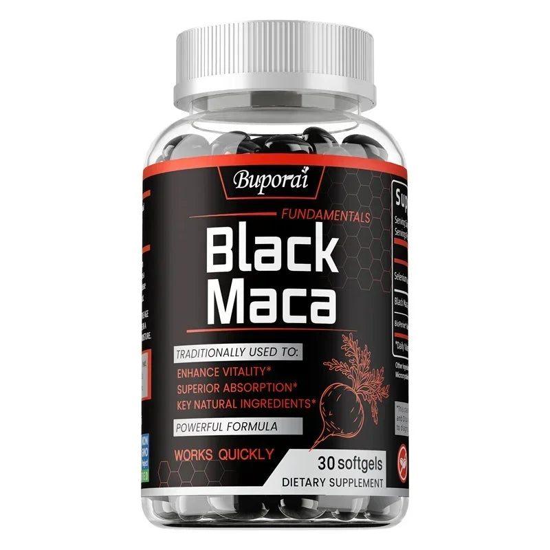 Black Maca supplement bottle by Showlu Fashion Store, natural energizer for improved performance, endurance, muscle mass, and hormonal balance.