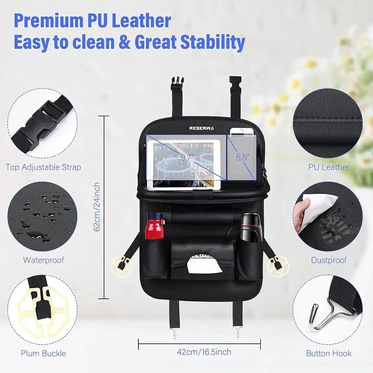 Showlu Smart General car seat organizer with tray showing multiple compartments and a built-in tray for easy storage and access.