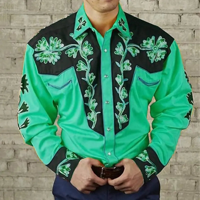 Men's floral leopard print retro western shirt with long sleeves, lapel collar, casual outdoor style by Showlu Fashion Store.