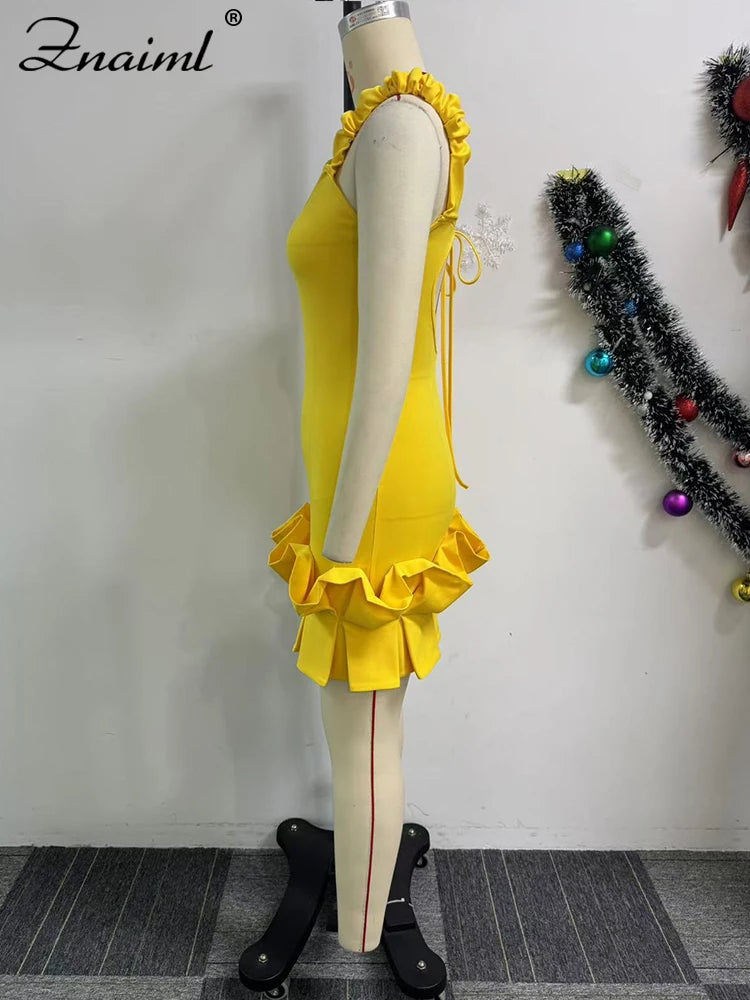 Yellow sexy ruffle bodycon mini dress with spaghetti straps, V-neck, and backless design, perfect for parties and evening events.