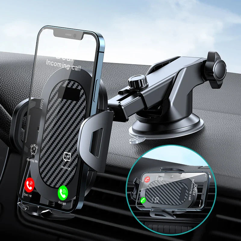 Universal AUFU Gravity Sucker Car Phone Holder mounted on a windshield, showing easy one-handed phone placement and secure grip.