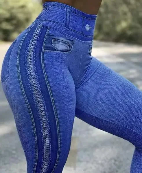 High waist denim look print leggings for women with tummy control and butt lift, slim fit spring and summer fashion from Showlu Fashion