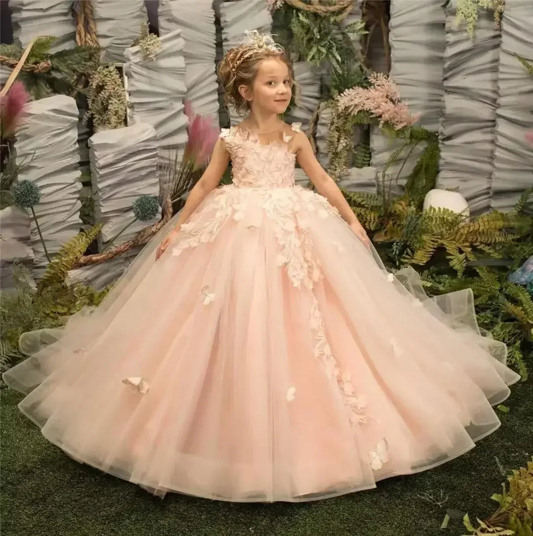Kingbridal 3D butterfly and flower girl dress by Showlu Fashion Store featuring tulle lace ball gown for pageants and special occasions.