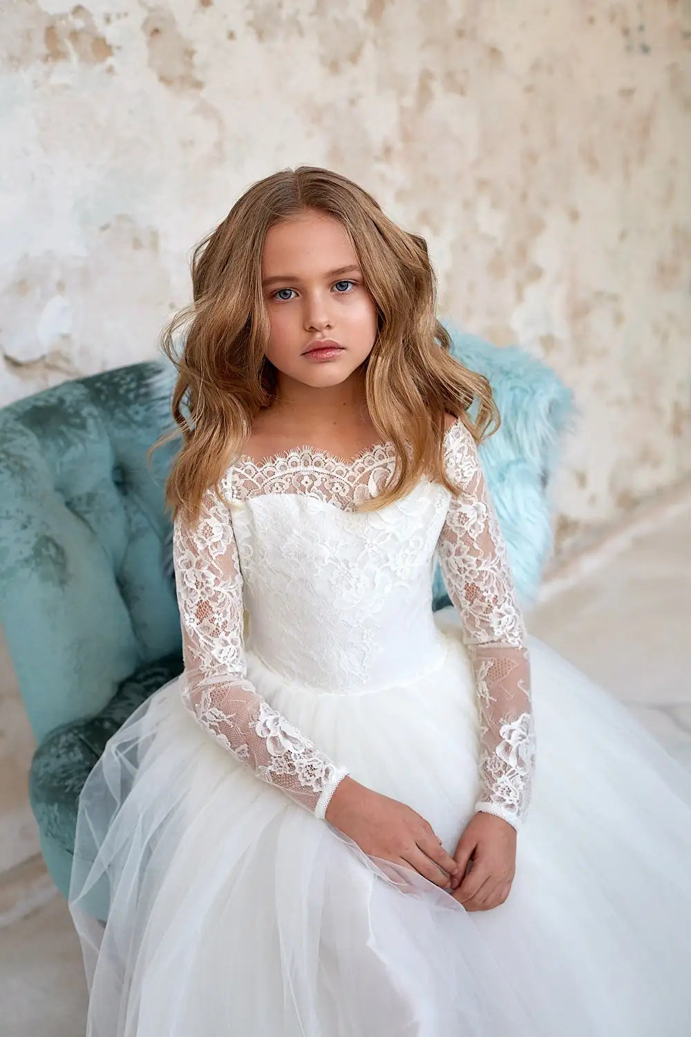 Ivory lace tulle flower girl dress by Showlu Fashion Store, ball gown style with elegant floral details and a full skirt.