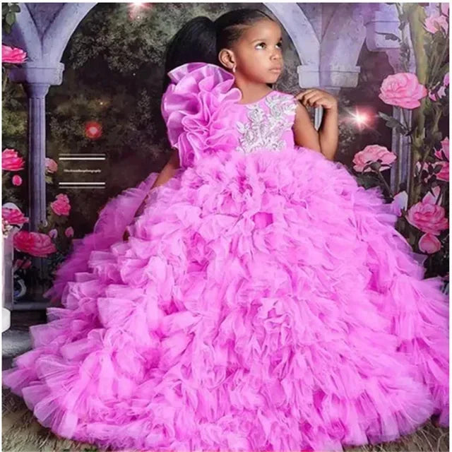 Flower Girls Dress For Wedding Luxury Purple Tulle Puffy Applique Organza Pageant for Little Girl Princess First Communion Dress
