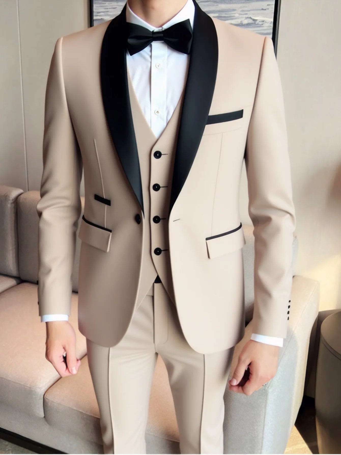 Men's 3-piece suit set with jacket, vest, and trousers in black, featuring slim fit design for formal, business, or wedding occasions.