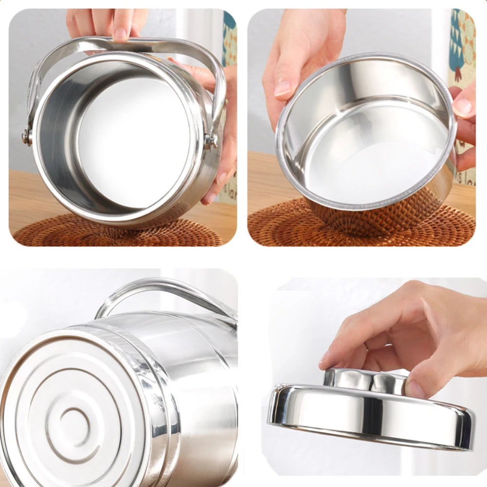 Stainless steel insulated lunch box with 1400ML capacity, portable and durable for adults and kids, shown with lid and food compartments.