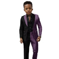 Black and white spliced boys wedding suit with jacket and pants, slim fit tuxedo for ages 2T-16T, suitable for Easter, prom, or birthdays.
