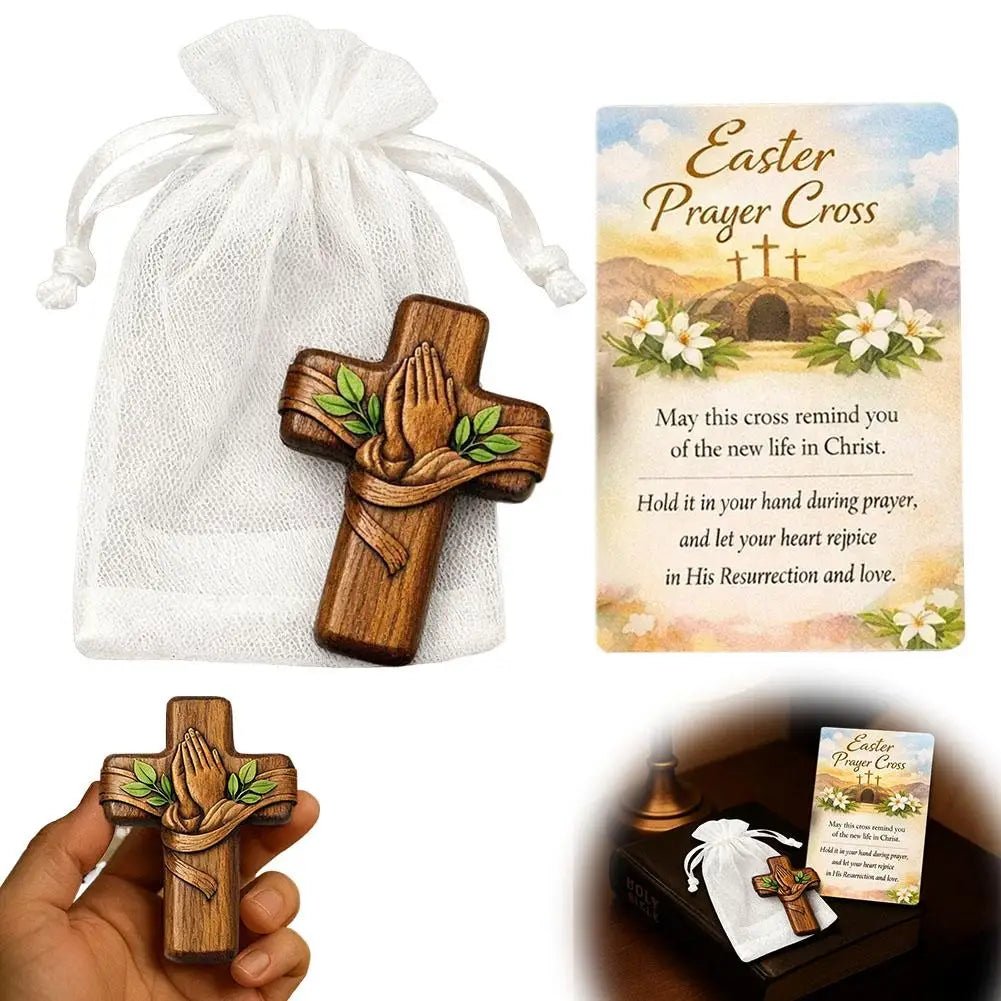 Small wooden pocket prayer cross with card and bag, portable Easter and Christmas church favor, Showlu Fashion Store