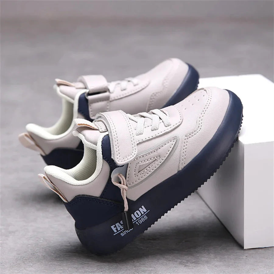 White leather kids' sneakers by SHOWLU FASHION STORE, breathable unisex casual sports shoes with comfortable design.