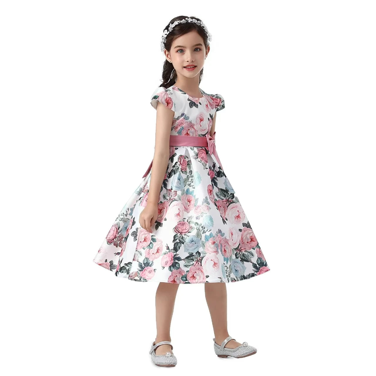 Girls' rose print party dress by Showlu Fashion featuring a bow, perfect for holiday, performance, or special occasions.
