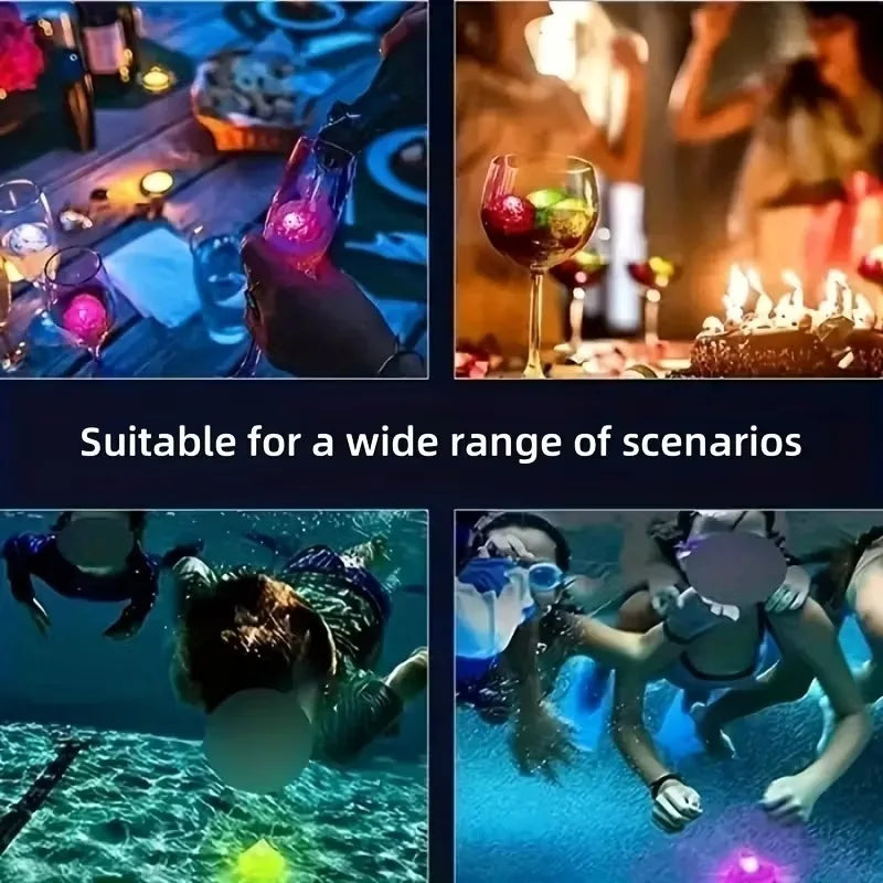 Set of six waterproof LED glowing ice cube lights with liquid sensors, perfect for creating mood lighting in drinks.