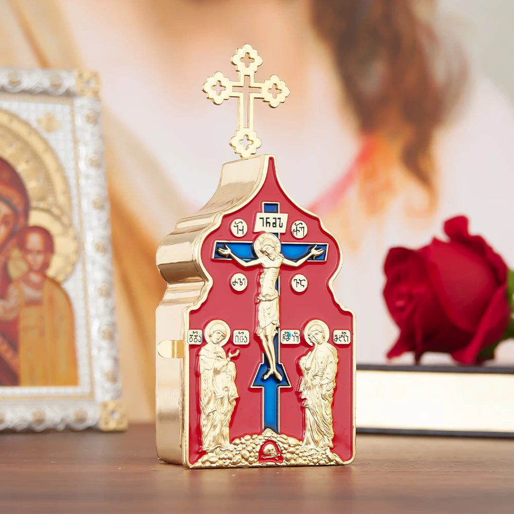 Showlu Metal Jesus Crucifix set with Bible box, rosary, and candle decor, featuring detailed religious symbols and craftsmanship.