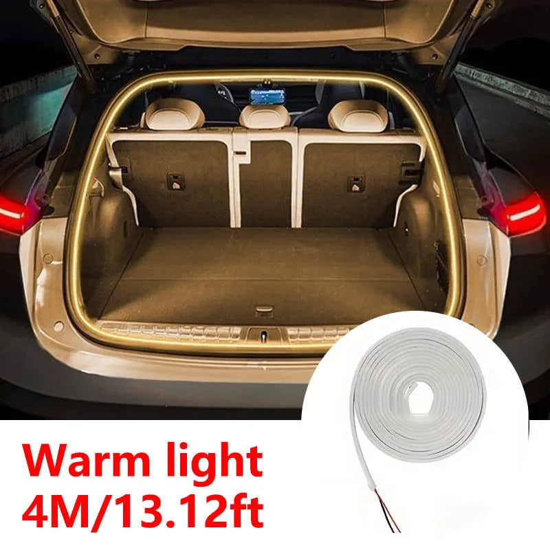 LUMERIS Motion Sensor LED car trunk light strip showing ambient lighting inside a vehicle trunk with motion detection feature.