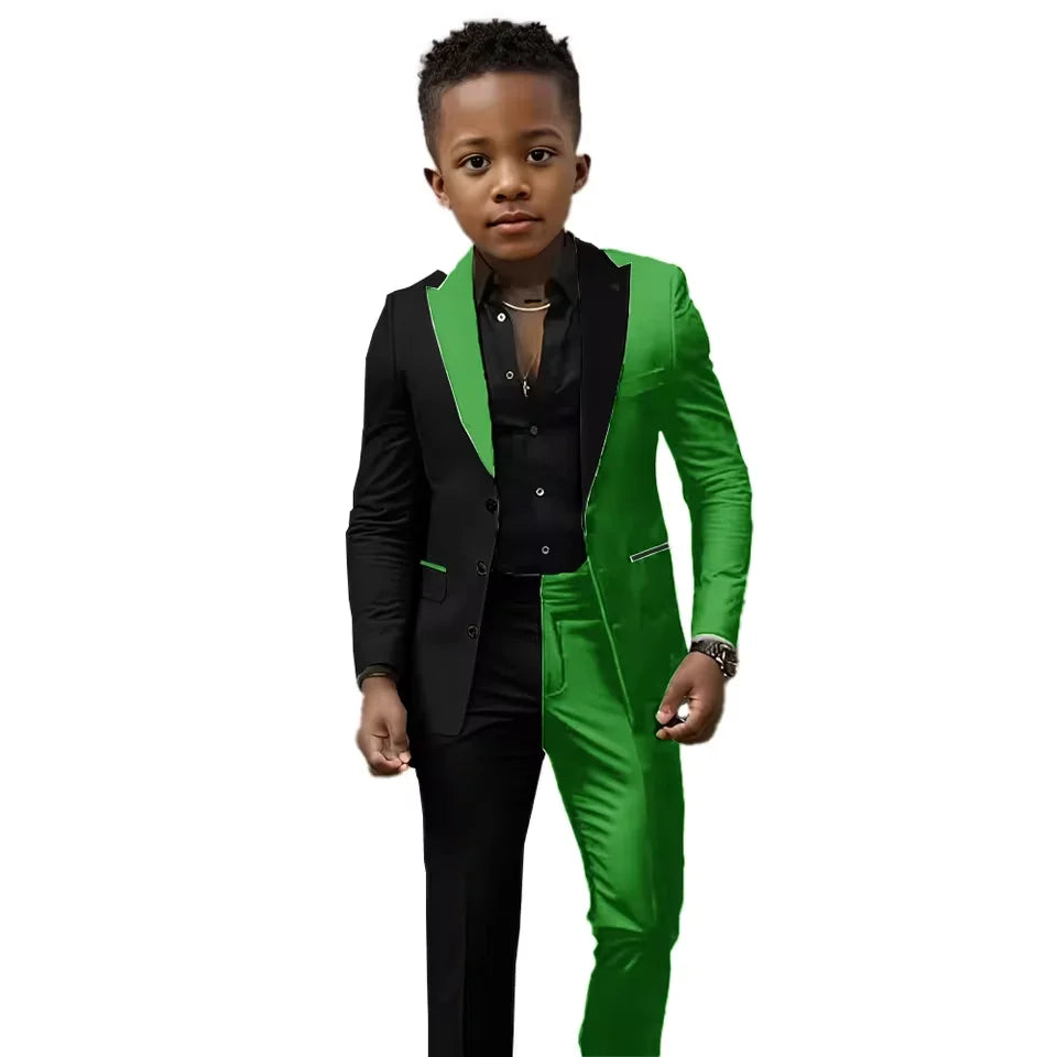 Black and white spliced boys wedding suit with jacket and pants, slim fit tuxedo, suitable for ages 2T-16T, perfect for special occasions