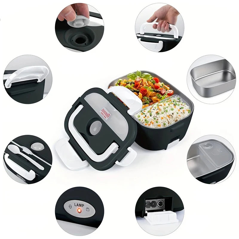 Showlu 2-in-1 electric heating lunch box with stainless steel container, suitable for car, truck, and office use in black.
