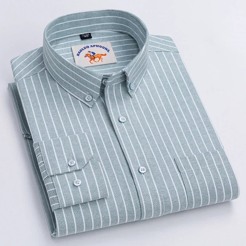White men's casual cotton Oxford shirt with long sleeves, embroidery horse design, regular fit, and button front.