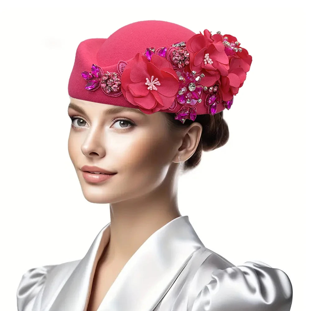 Women Air Stewardess Hat Rhinestone Flower Church Derby Beret Hats for Party Wool Felt Pillbox Costume Cosplay Caps Accessores