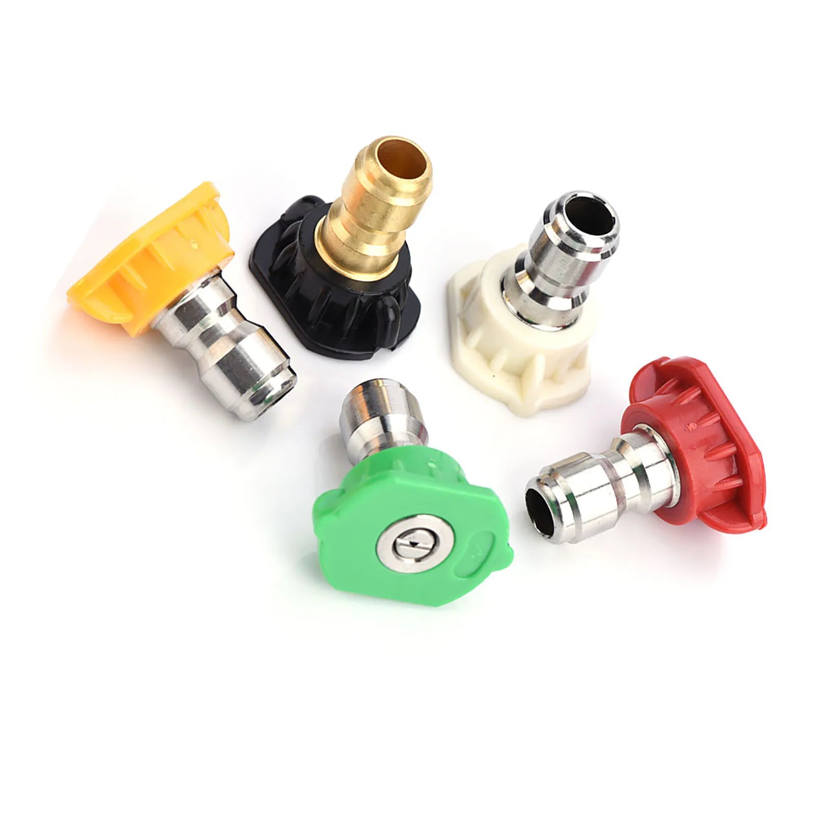 Set of five Showlu Smart General pressure washer nozzles with different spray tips for various cleaning tasks.