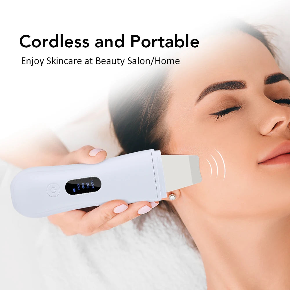Showlu Smart Ultrasonic Skin Scrubber with EMS pore cleanser and lifting tool, featuring a sleek handheld design for skincare.