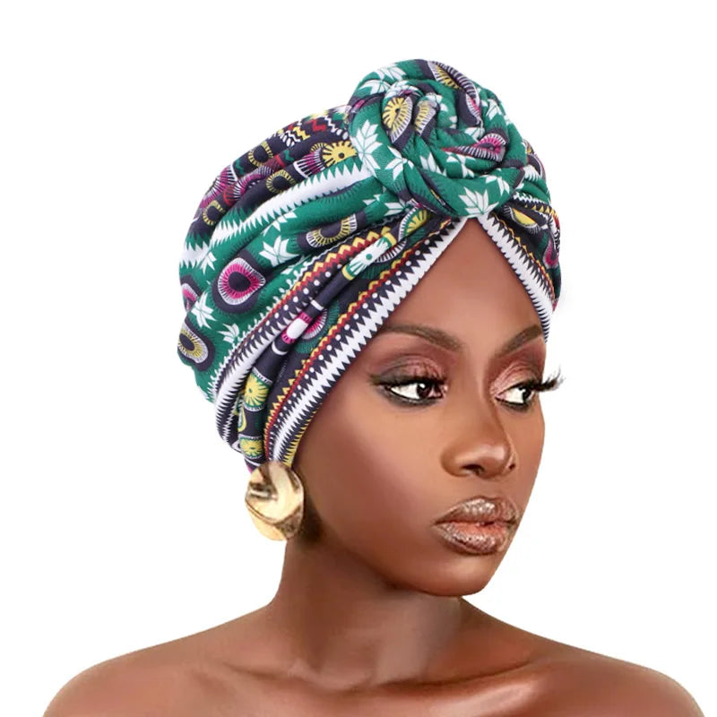 African print pleated turban with floral beanie, pre-tied front knot, elastic head wrap, stylish women chemo cap bandana headwear.