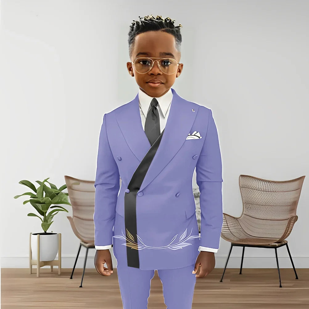 Boy's fashion double-breasted blazer and pants set from Showlu, suitable for kids' wedding tuxedo or formal occasions.