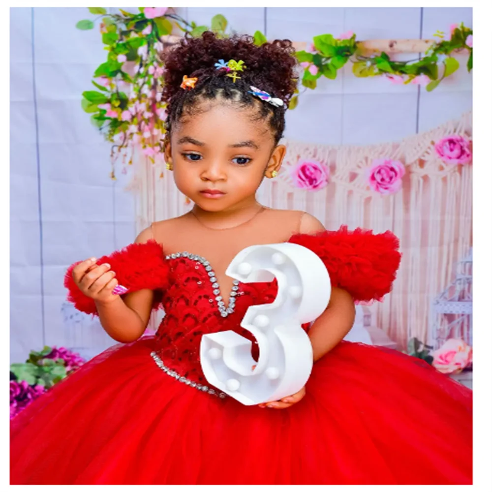 Red flower girl dress by Gdybao with tulle ruffles, ball gown style for weddings, featuring a charming and elegant design.