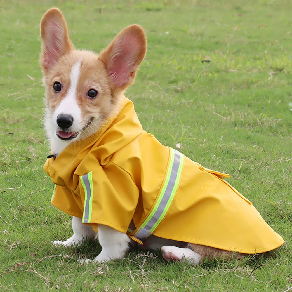 Large Showlu dog raincoat with reflective waterproof hooded cloak, designed for outdoor protection and visibility in wet weather.
