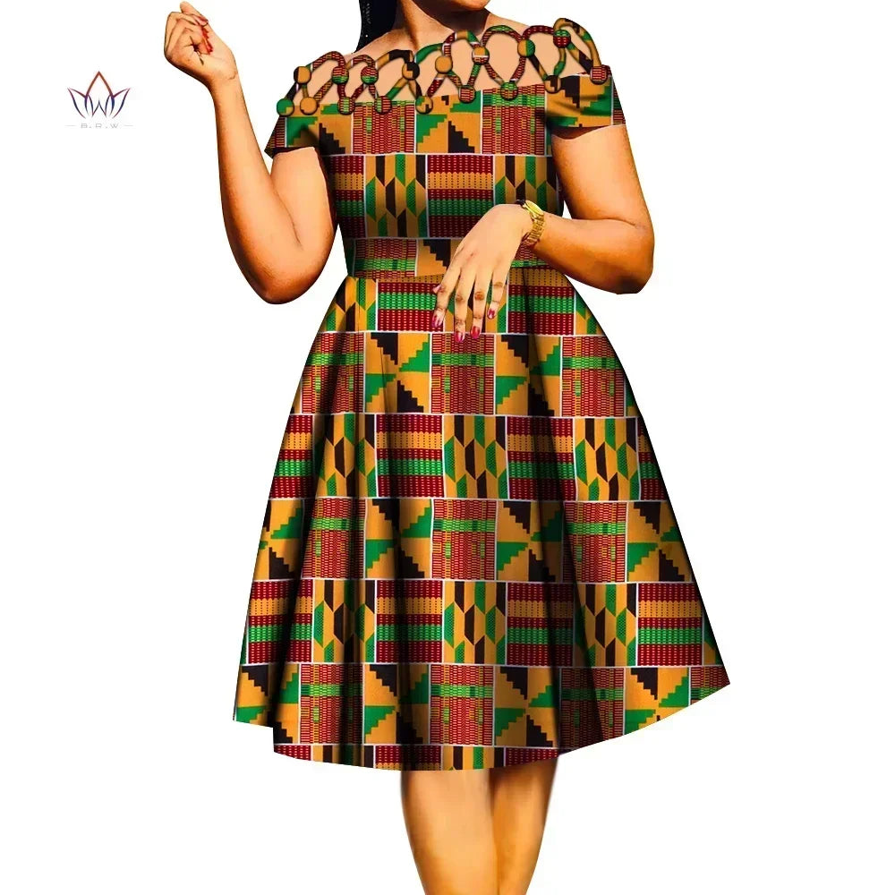 BintaRealWax African Dresses for Women Cotton Rope Weaving Collar African Print Wax Clothing Knee-Length Lady Dress WY335